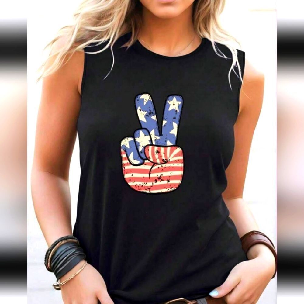 Ladies Super cute black tank red white and blue flag peace sign top sz xl